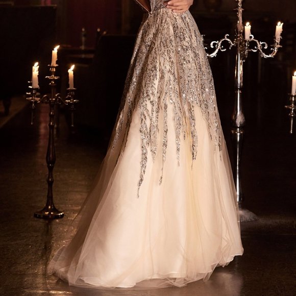 CHAMPAGNE  COLOR PROM PARTY FORMAL EVENING A-LINE BEADED SHIMMER BALL GOWN cd135 - Picture 4 of 6